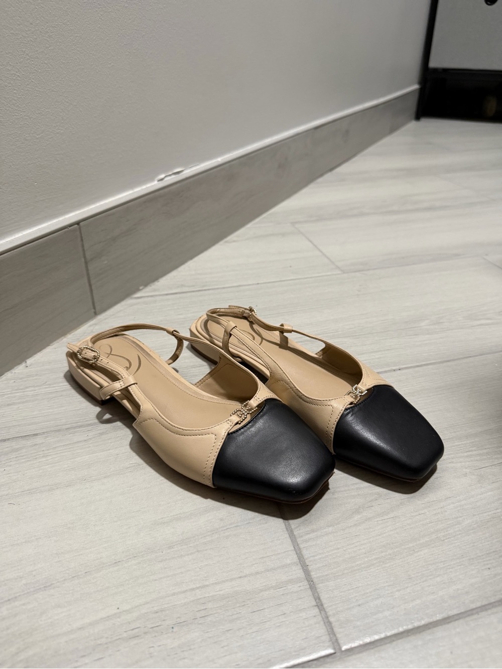 Beige and Black Two-Tone Slingback Flats